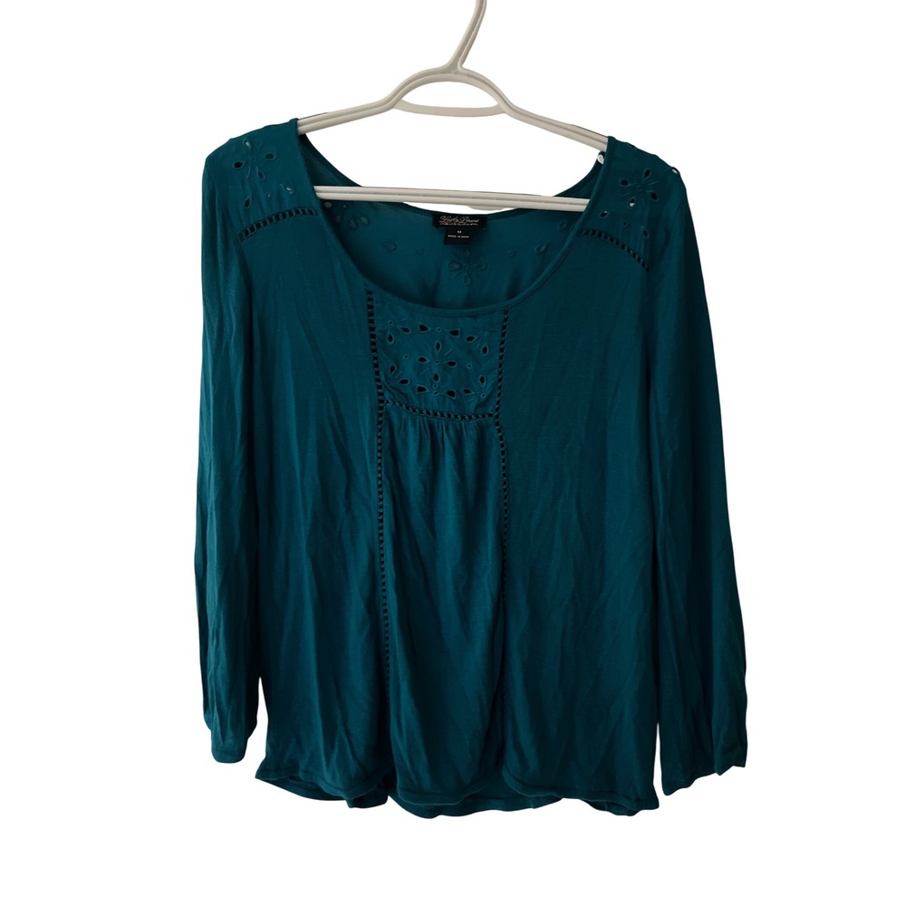 Lucky Brand Teal Blue Eyelet Lace Embroidered Long Sleeve Boho Blouse Medium